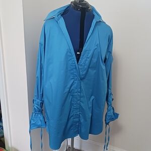 Oversize Shirt Blue Cutout Back Laceup Sleeve Pockets Button